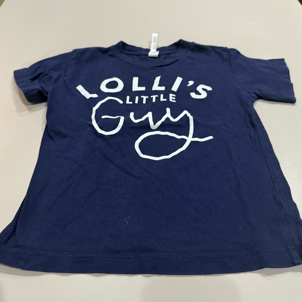 Bella Canvas Navy Blue Short Sleeve Tee white Print “Lolli’s Little Guy” Size 4T